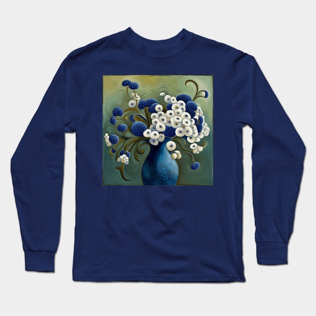 Cute Abstract Flowers in a Blue Vase Still Life Painting Long Sleeve T-Shirt by bragova